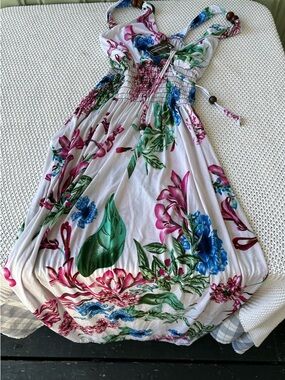White Floral Sundress with Pink Blue Print maxi dress beach date boho resort